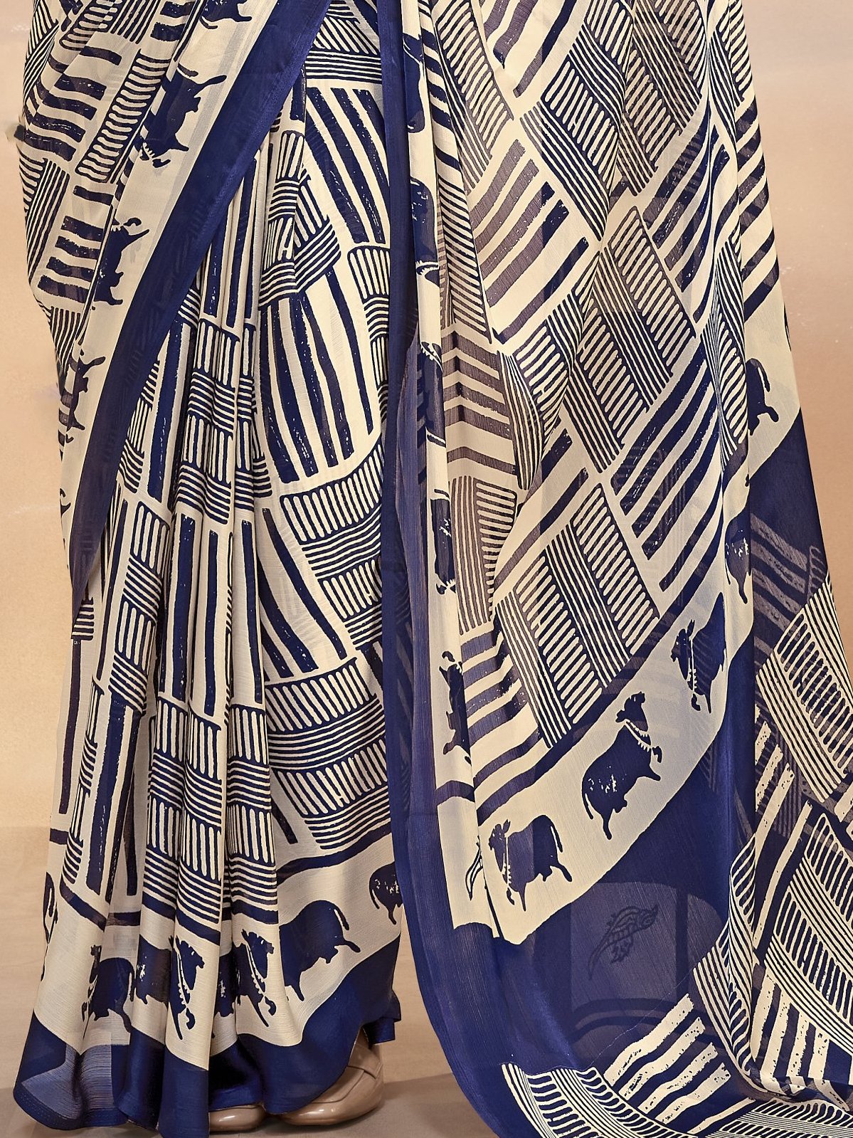 Rich Navy Blue Digital Printed Satin Office Wear Saree With Blouse