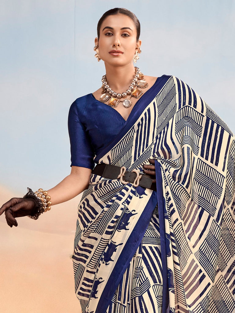 Rich Navy Blue Digital Printed Satin Office Wear Saree With Blouse