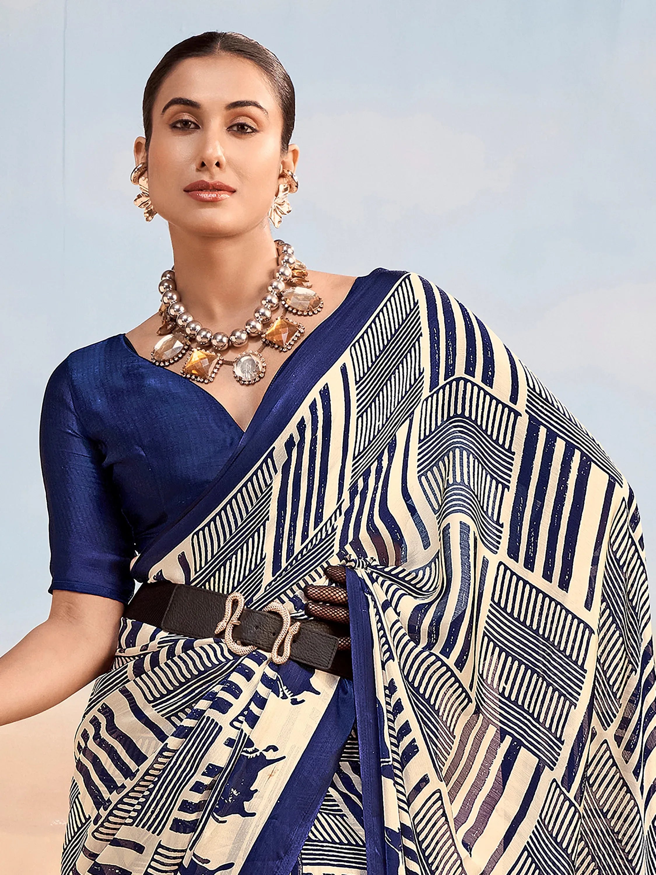 Rich Navy Blue Digital Printed Satin Office Wear Saree With Blouse