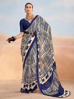 Rich Navy Blue Digital Printed Satin Office Wear Saree With Blouse