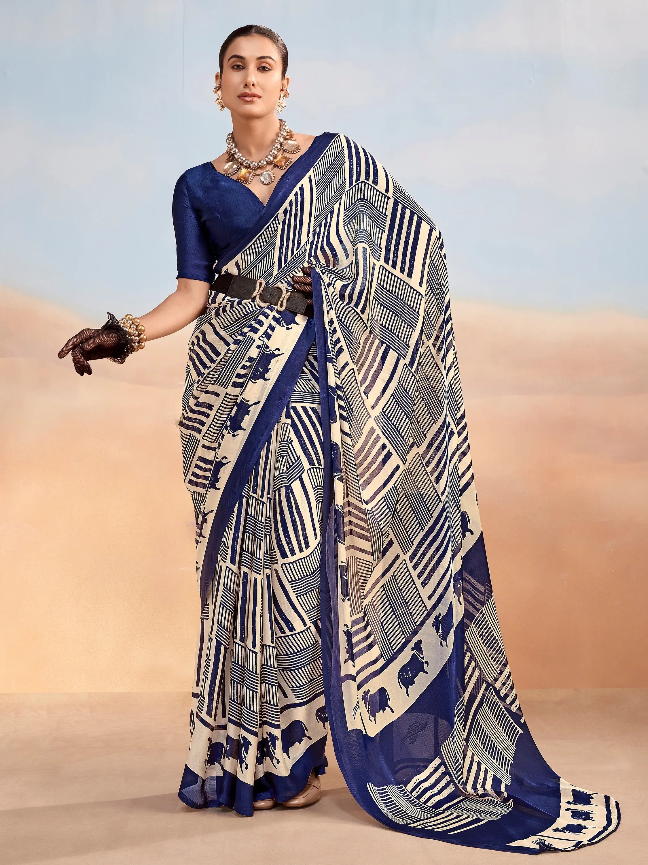 Rich Navy Blue Digital Printed Satin Office Wear Saree With Blouse