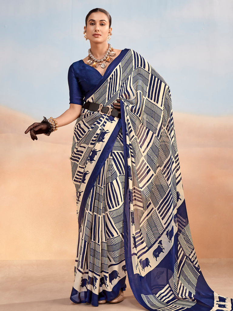 Rich Navy Blue Digital Printed Satin Office Wear Saree With Blouse