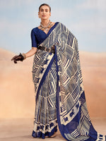 Rich Navy Blue Digital Printed Satin Office Wear Saree With Blouse