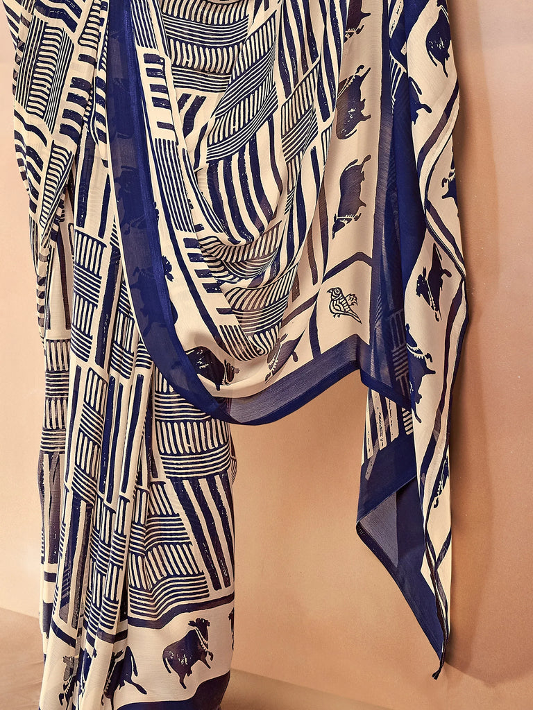 Rich Navy Blue Digital Printed Satin Office Wear Saree With Blouse