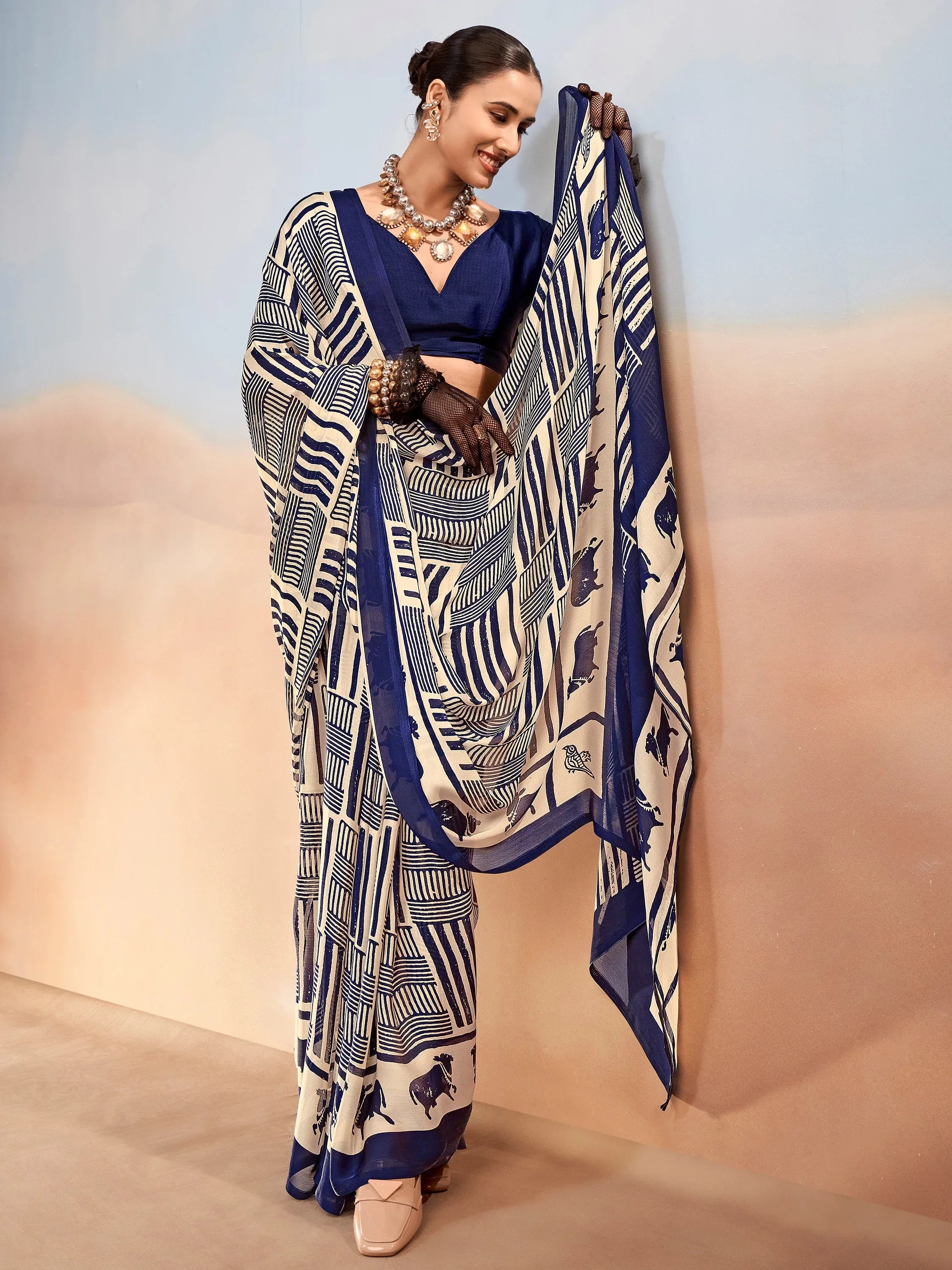 Rich Navy Blue Digital Printed Satin Office Wear Saree With Blouse