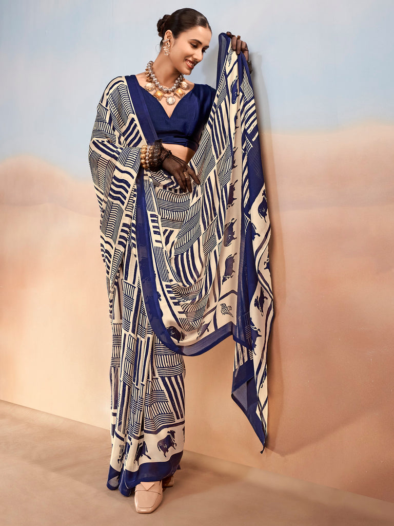 Rich Navy Blue Digital Printed Satin Office Wear Saree With Blouse