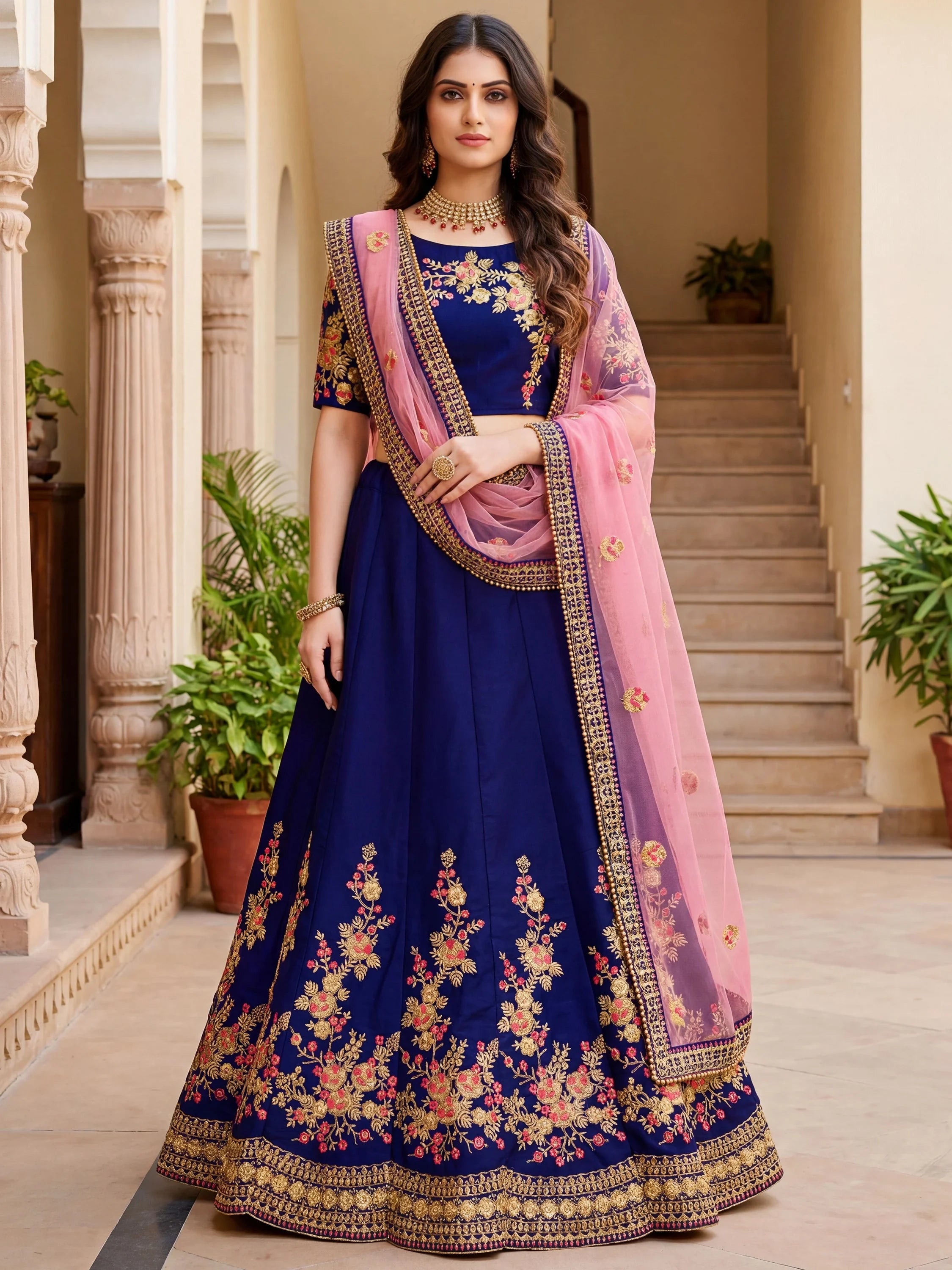 Fabulous Navy Blue Embroidered Silk Festival Wear Lehenga Choli