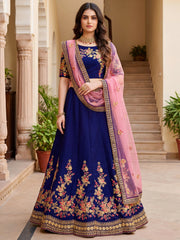 Fabulous Navy Blue Embroidered Silk Festival Wear Lehenga Choli