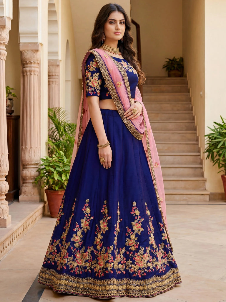Fabulous Navy Blue Embroidered Silk Festival Wear Lehenga Choli