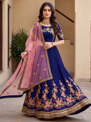Fabulous Navy Blue Embroidered Silk Festival Wear Lehenga Choli