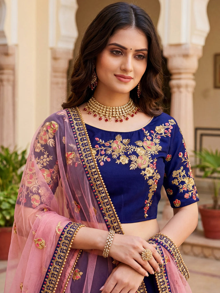 Fabulous Navy Blue Embroidered Silk Festival Wear Lehenga Choli