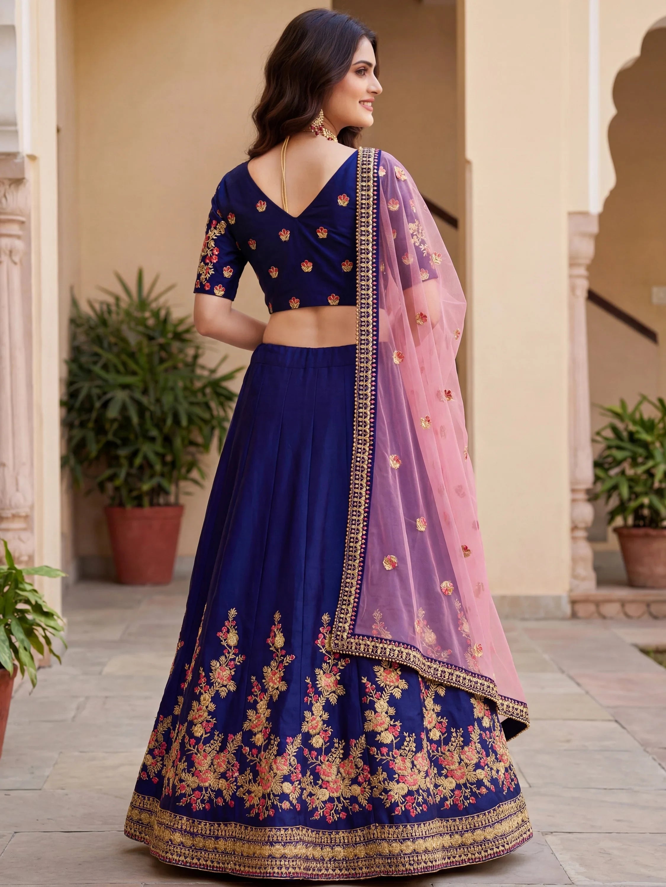 Fabulous Navy Blue Embroidered Silk Festival Wear Lehenga Choli