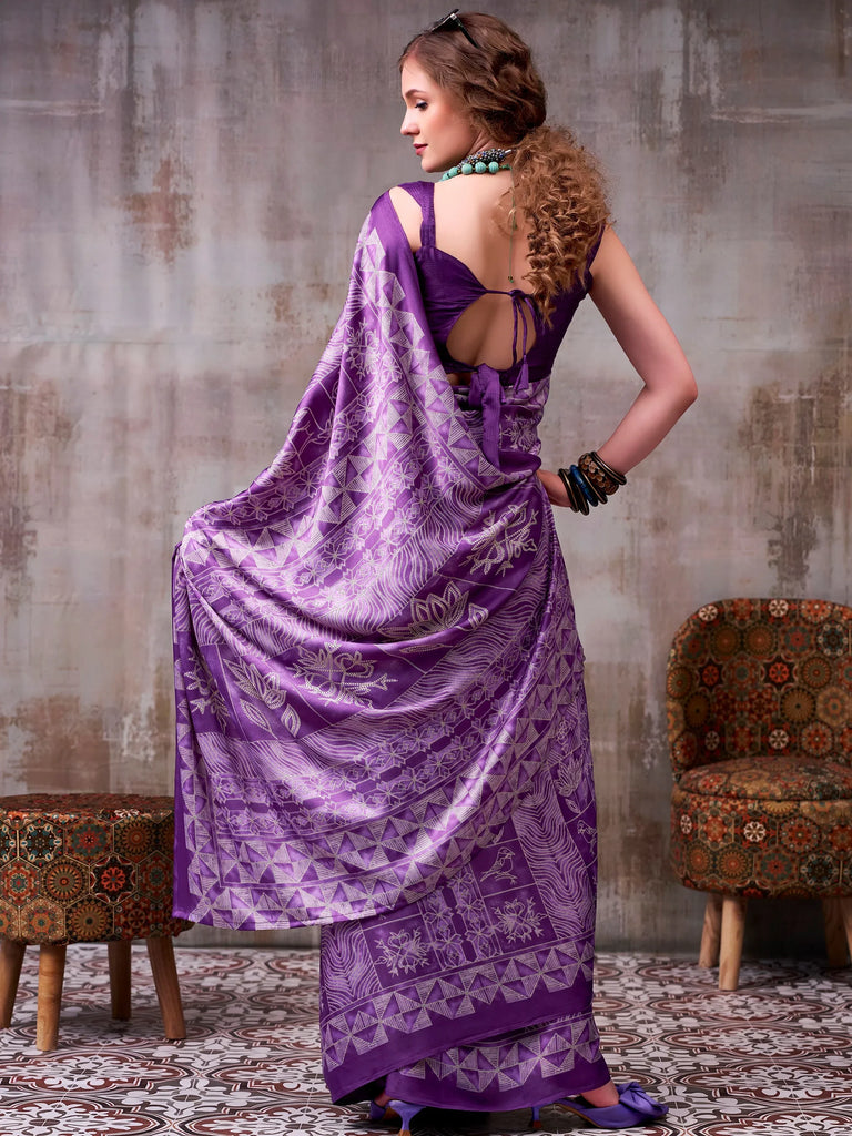 Dazzling Lavender Printed Satin Casual Wear Saree With Blouse