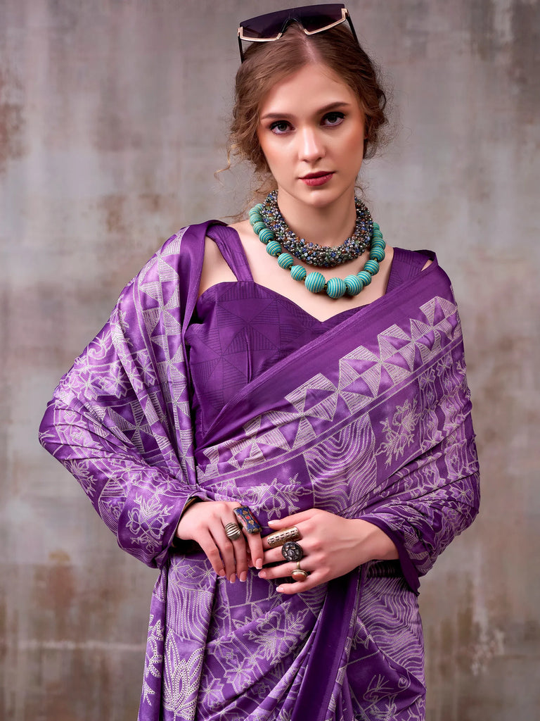 Dazzling Lavender Printed Satin Casual Wear Saree With Blouse