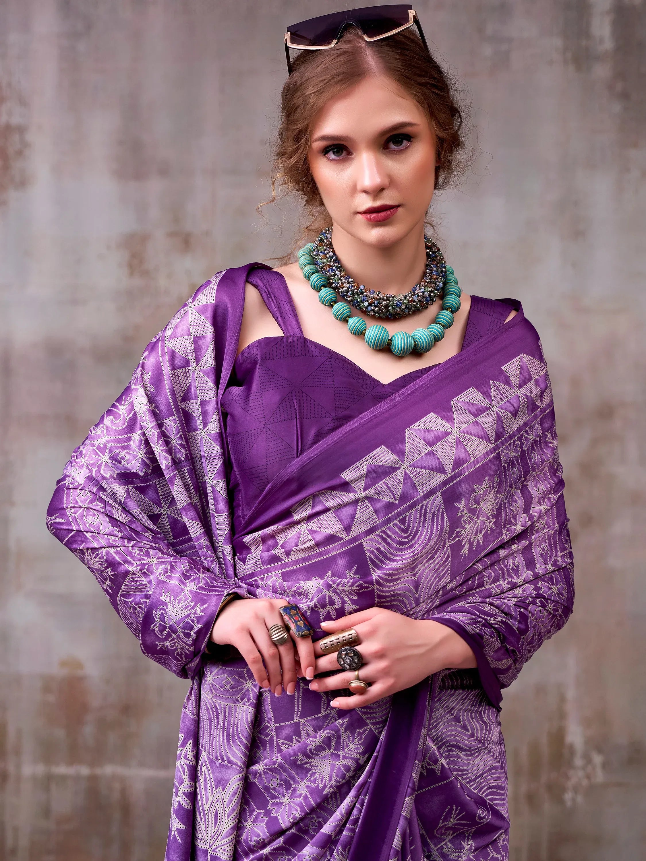 Dazzling Lavender Printed Satin Casual Wear Saree With Blouse