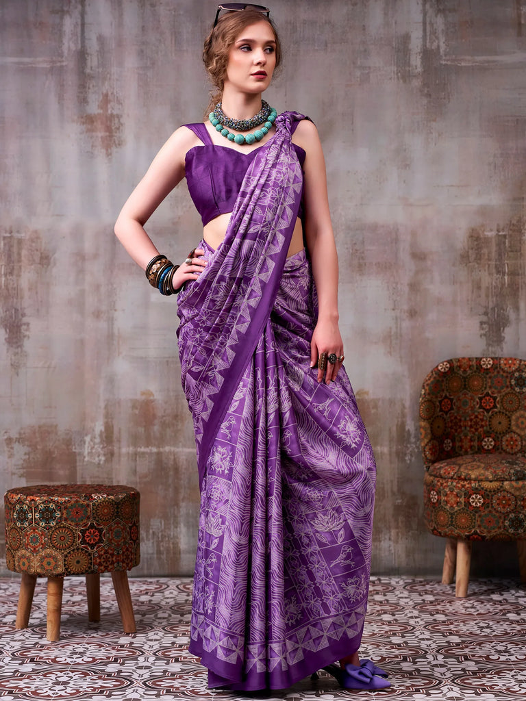 Dazzling Lavender Printed Satin Casual Wear Saree With Blouse