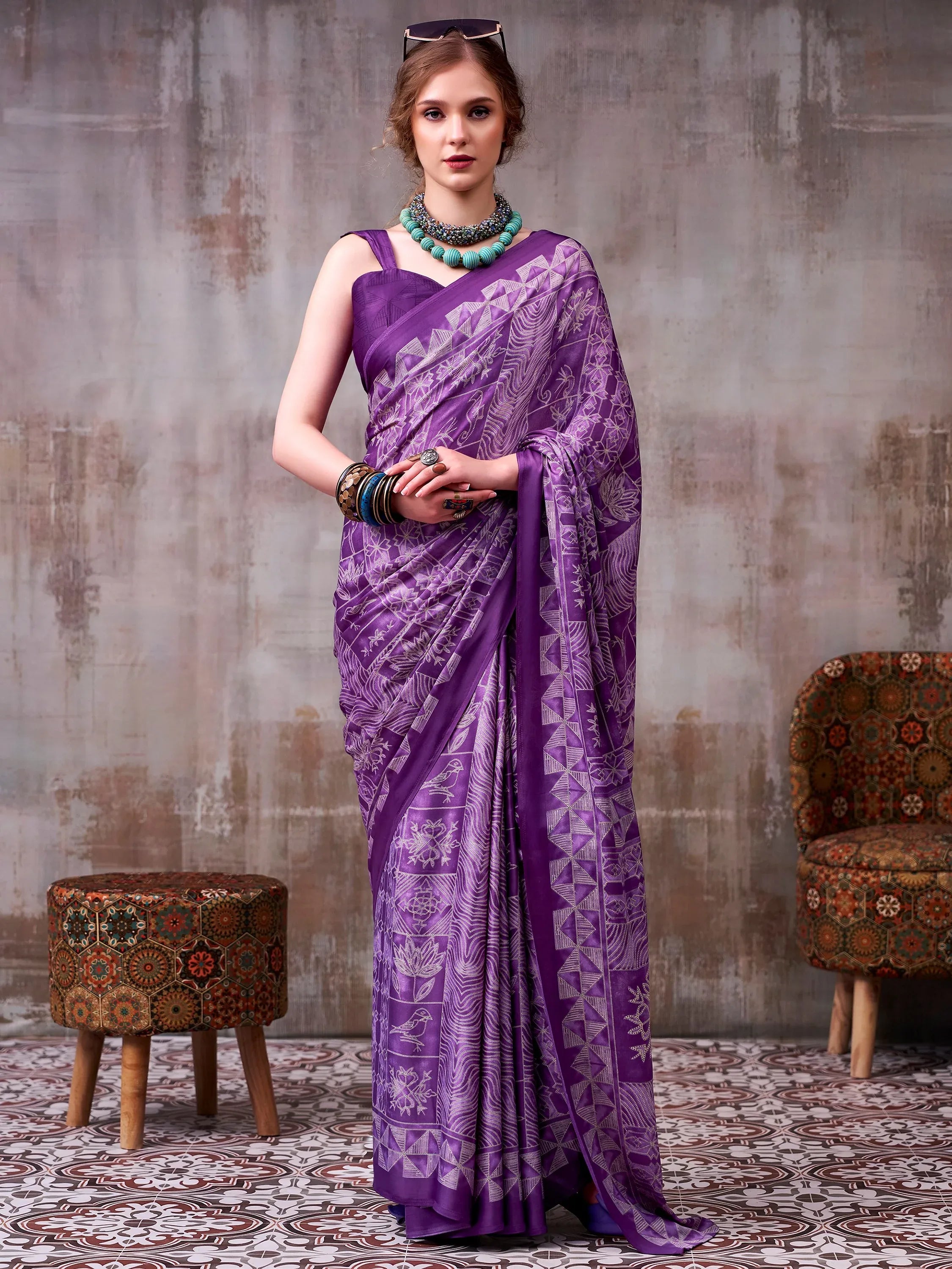 Dazzling Lavender Printed Satin Casual Wear Saree With Blouse