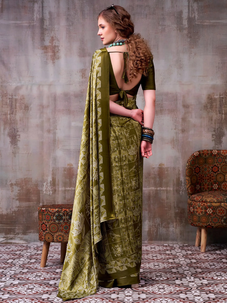 Glorious Olive Green Printed Satin Mehendi Wear Saree With Blouse