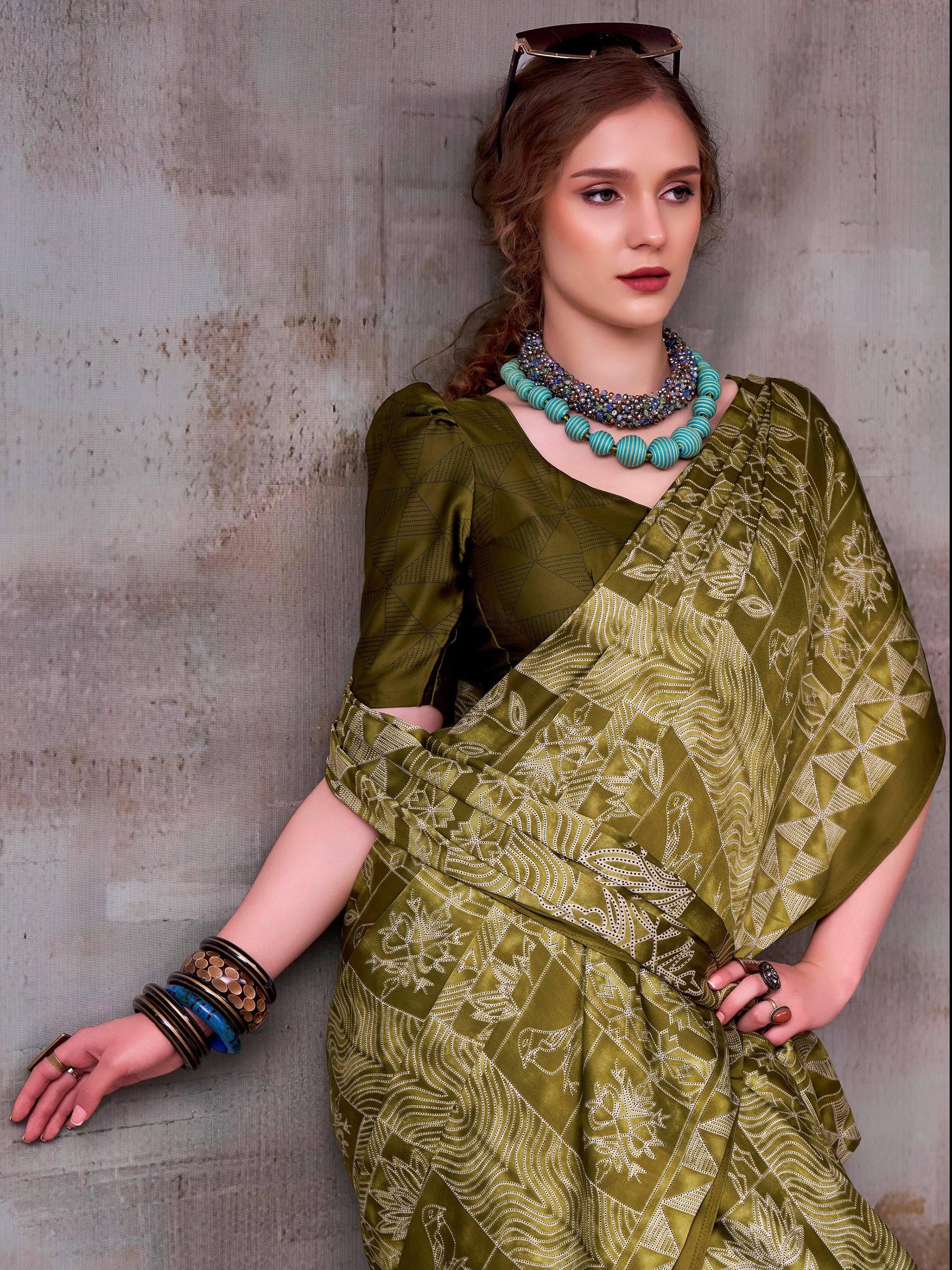 Glorious Olive Green Printed Satin Mehendi Wear Saree With Blouse