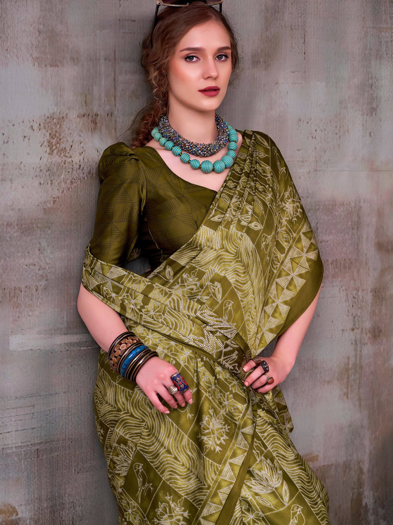 Glorious Olive Green Printed Satin Mehendi Wear Saree With Blouse