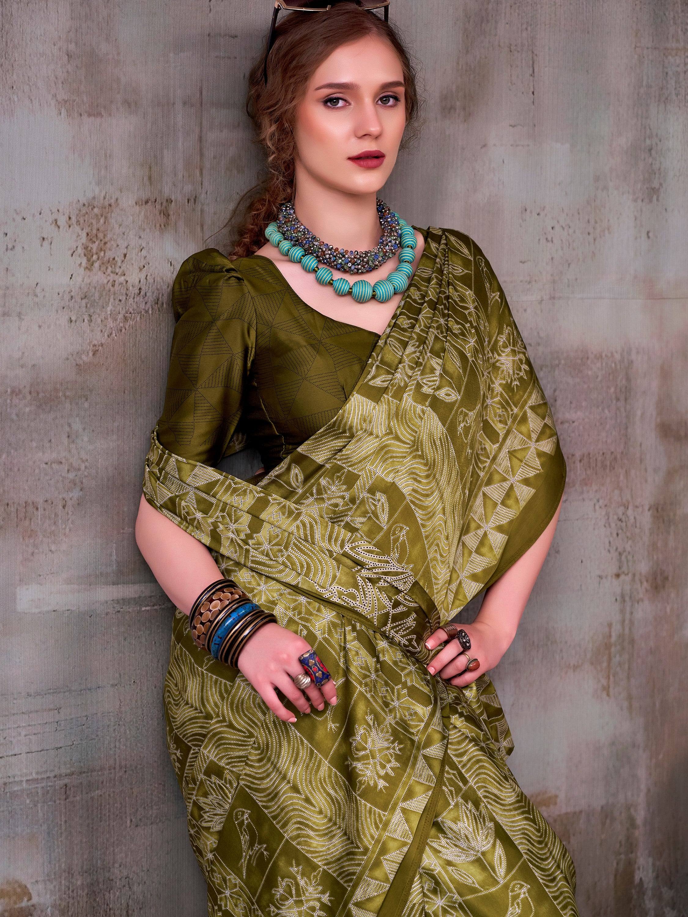 Glorious Olive Green Printed Satin Mehendi Wear Saree With Blouse