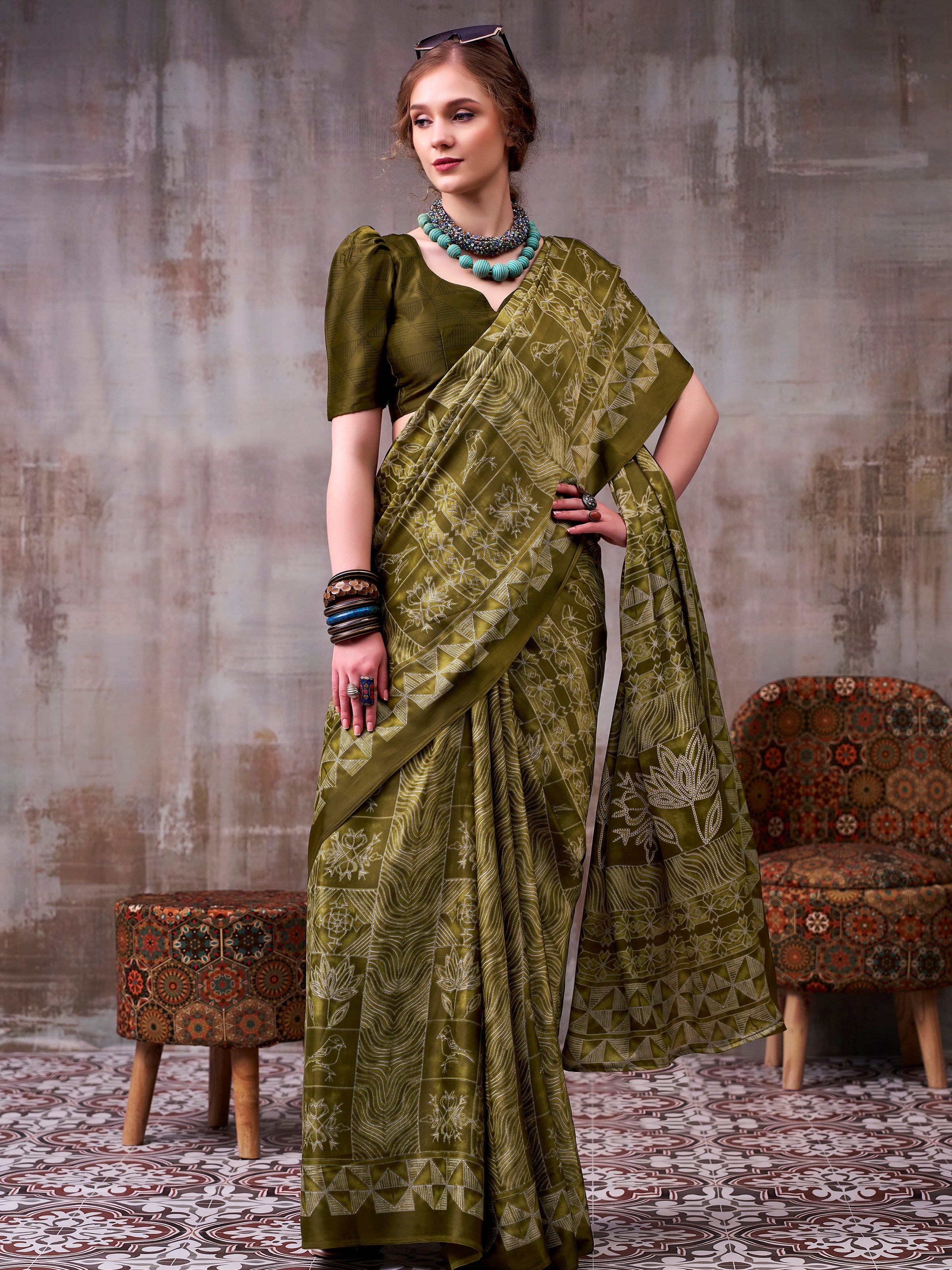 Glorious Olive Green Printed Satin Mehendi Wear Saree With Blouse