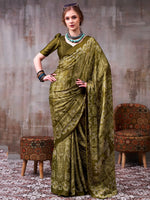 Glorious Olive Green Printed Satin Mehendi Wear Saree With Blouse