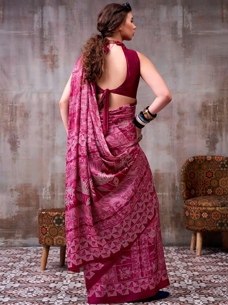 Rich Magenta Pink Printed Satin Festive Wear Saree With Blouse