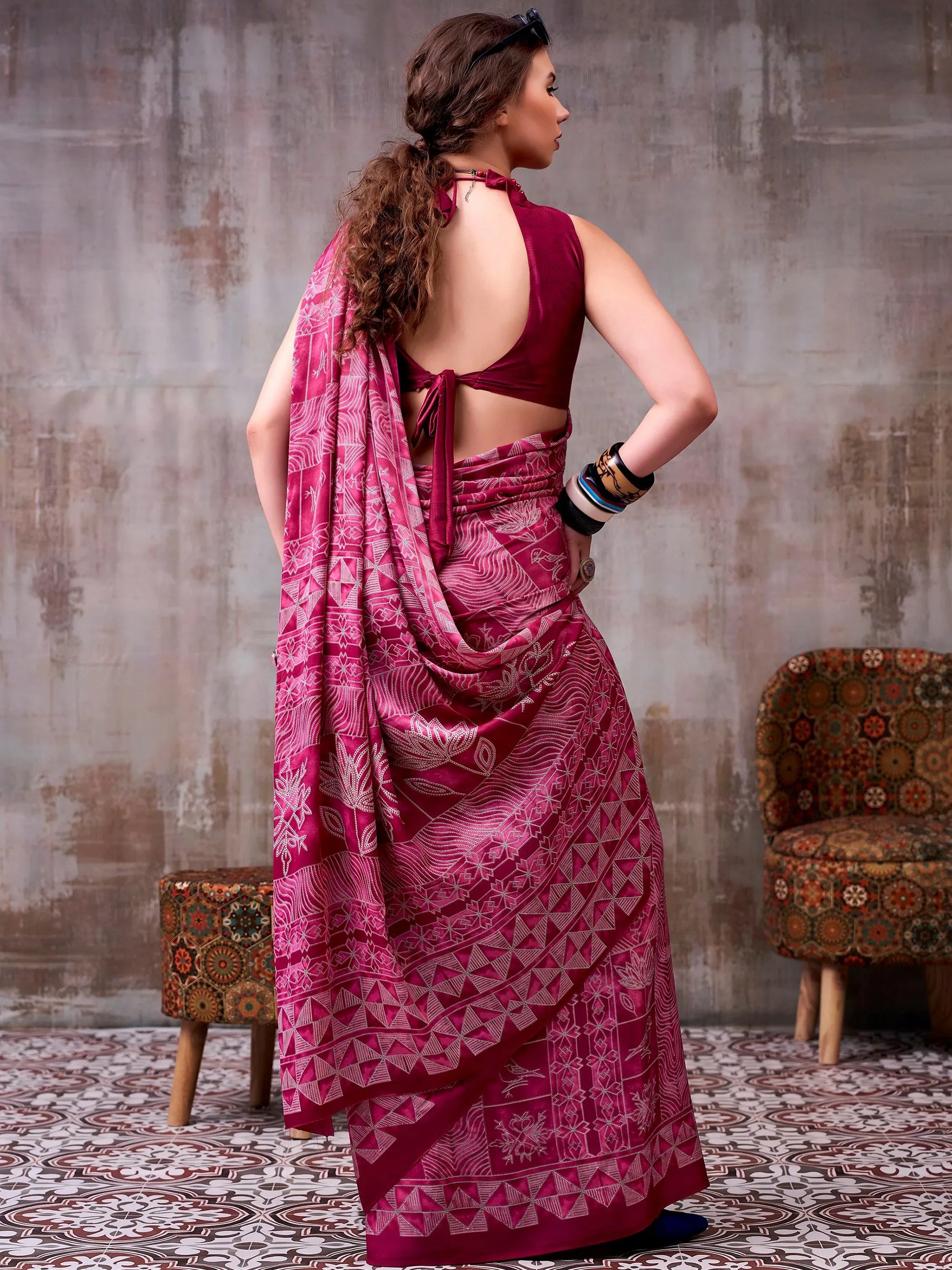 Rich Magenta Pink Printed Satin Festive Wear Saree With Blouse