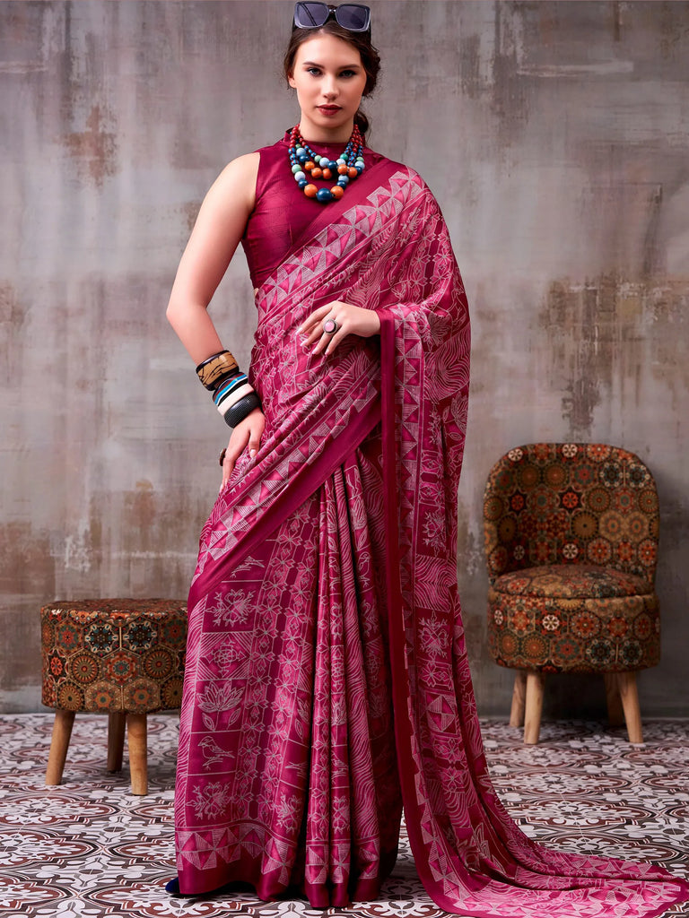 Rich Magenta Pink Printed Satin Festive Wear Saree With Blouse