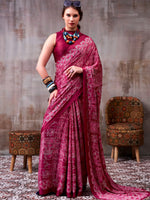 Rich Magenta Pink Printed Satin Festive Wear Saree With Blouse