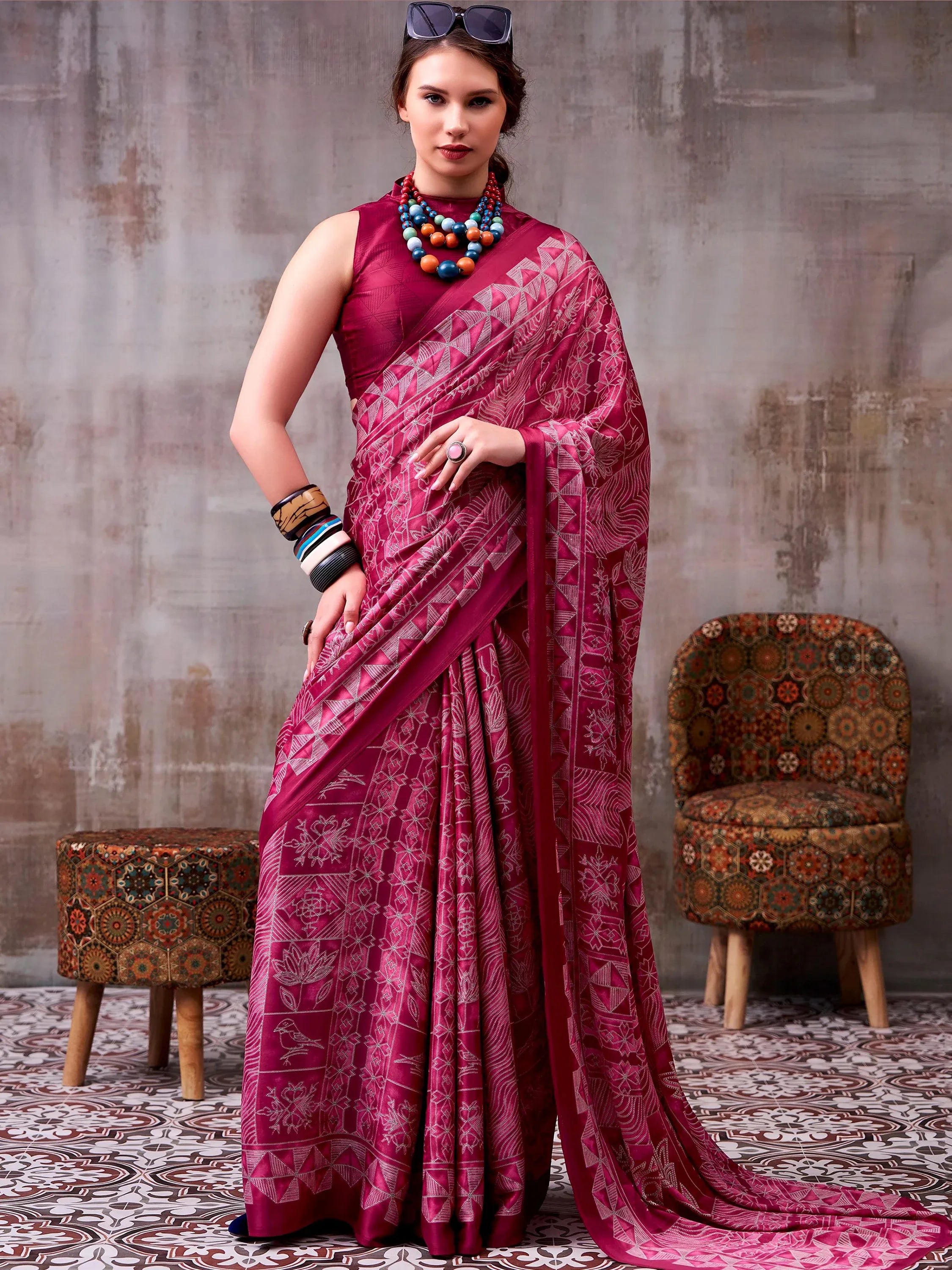 Rich Magenta Pink Printed Satin Festive Wear Saree With Blouse