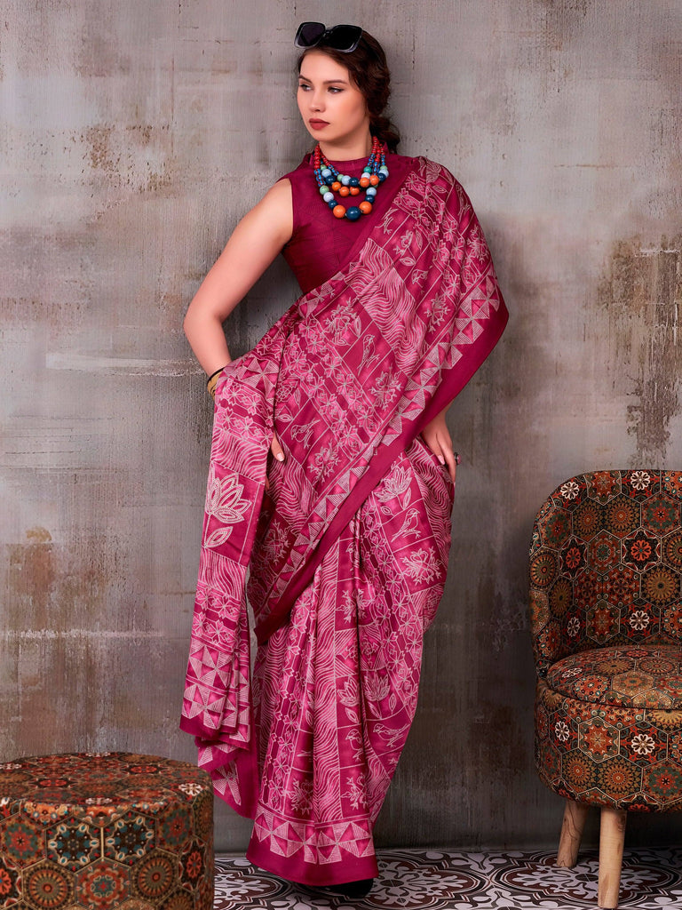 Rich Magenta Pink Printed Satin Festive Wear Saree With Blouse