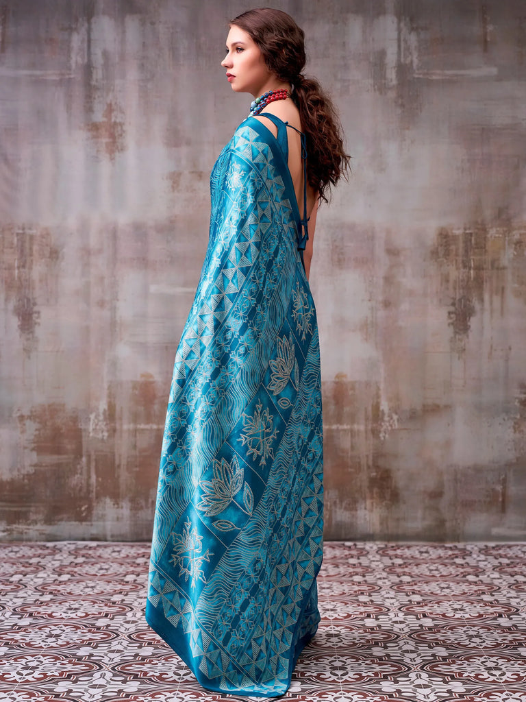 Precious Teal Blue Digital Printed Satin Daily Wear Saree With Blouse