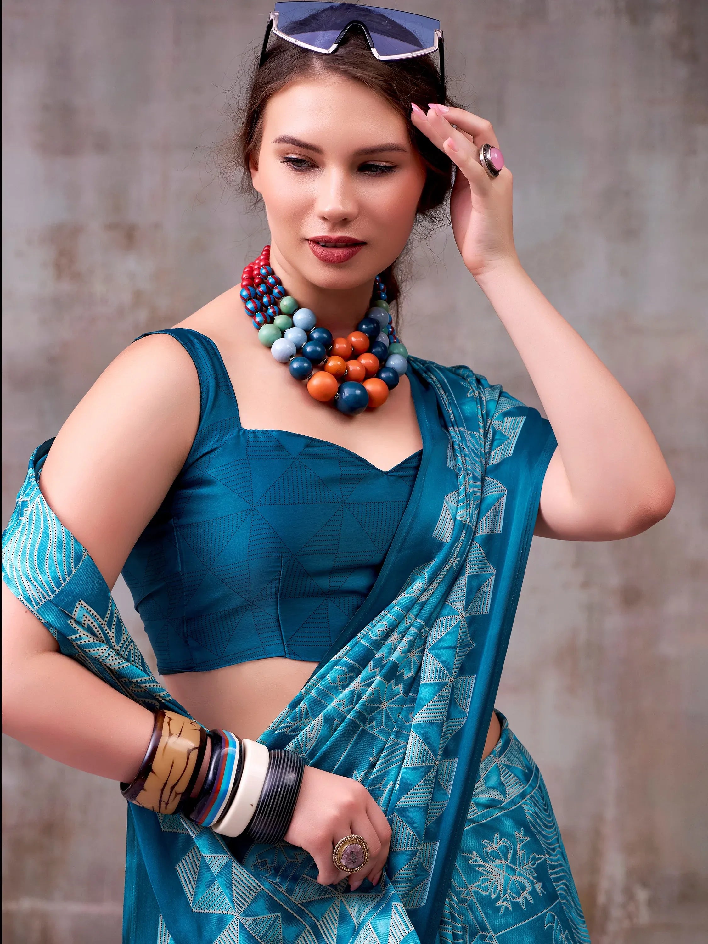 Precious Teal Blue Digital Printed Satin Daily Wear Saree With Blouse
