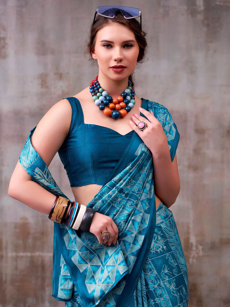 Precious Teal Blue Digital Printed Satin Daily Wear Saree With Blouse
