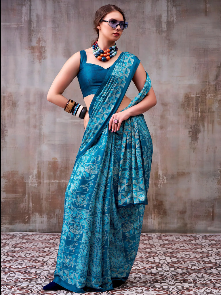 Precious Teal Blue Digital Printed Satin Daily Wear Saree With Blouse