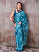 Precious Teal Blue Digital Printed Satin Daily Wear Saree With Blouse