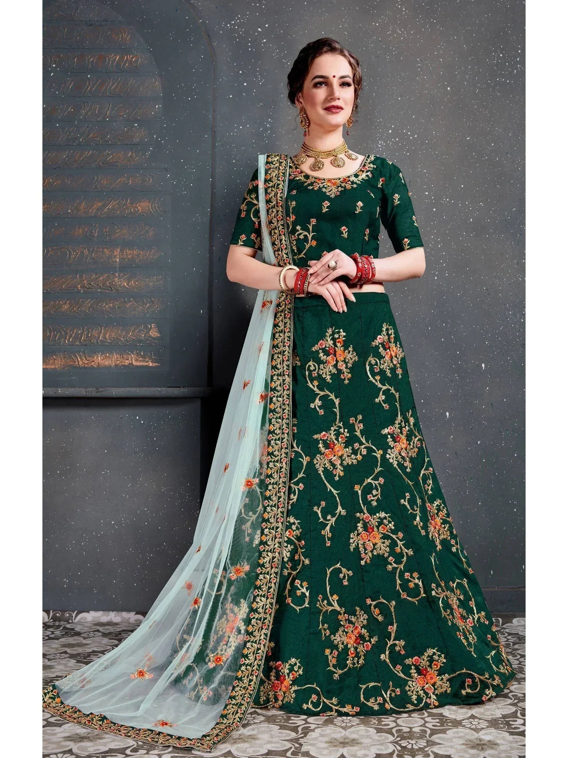 Emerald green embroidered lehenga choli with floral gold work and sheer dupatta for Indian ethnic wear