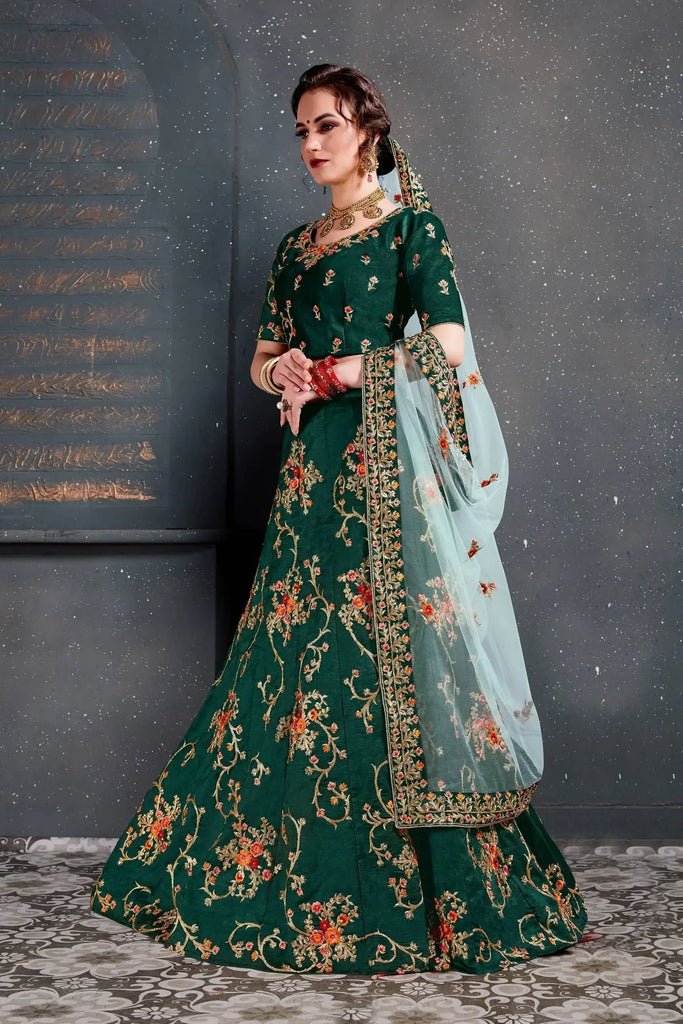 Green Embroidered Taffeta Silk Bridal Lehenga Choli