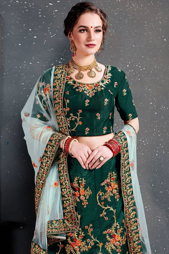 Green Embroidered Taffeta Silk Bridal Lehenga Choli