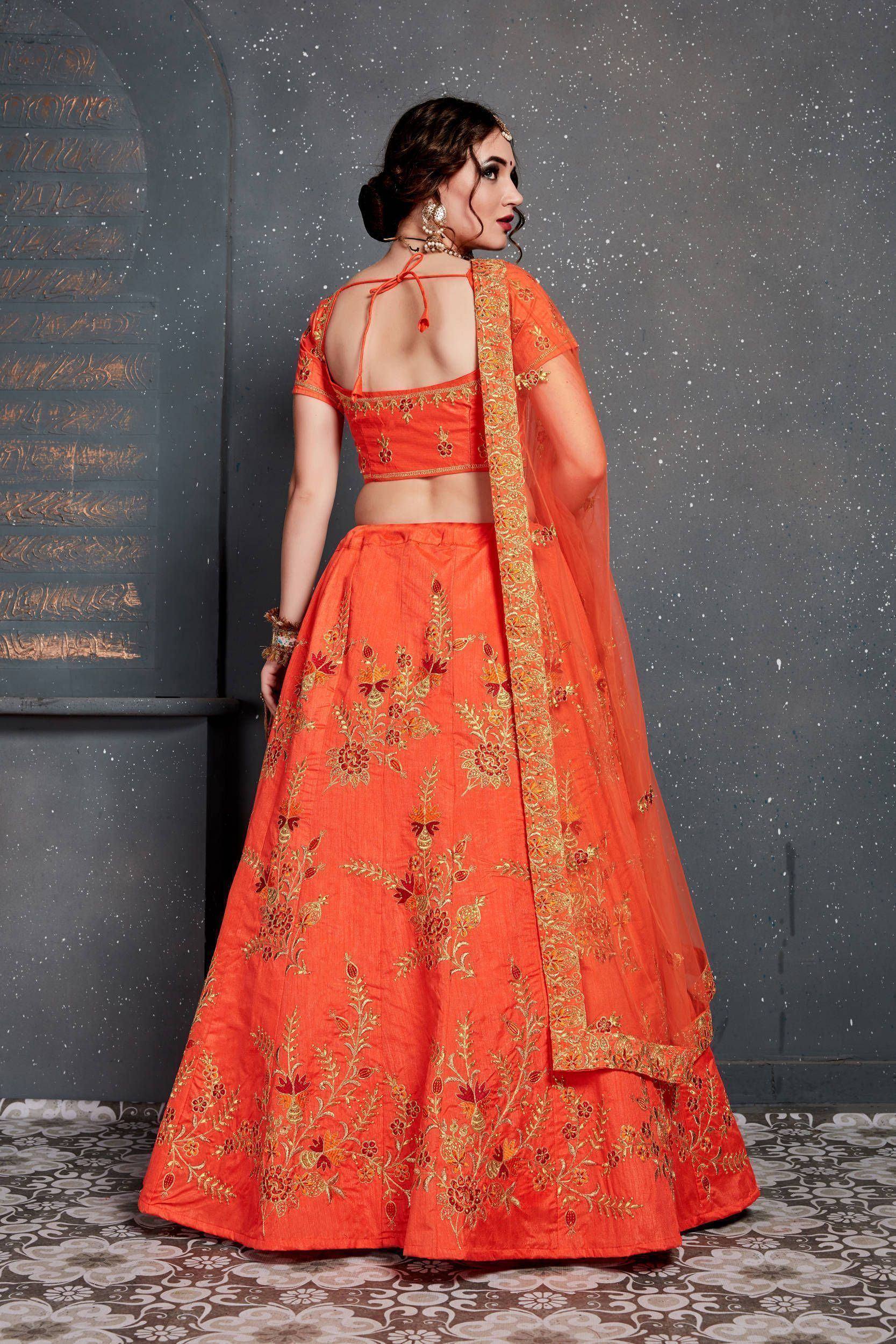 Orange embroidered lehenga choli with floral gold work, back view, ethnic Indian wear