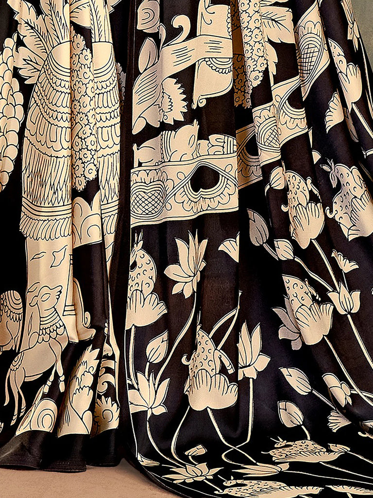 Marvelous Black Kalamkari Print Satin Festive Wear Saree With Blouse