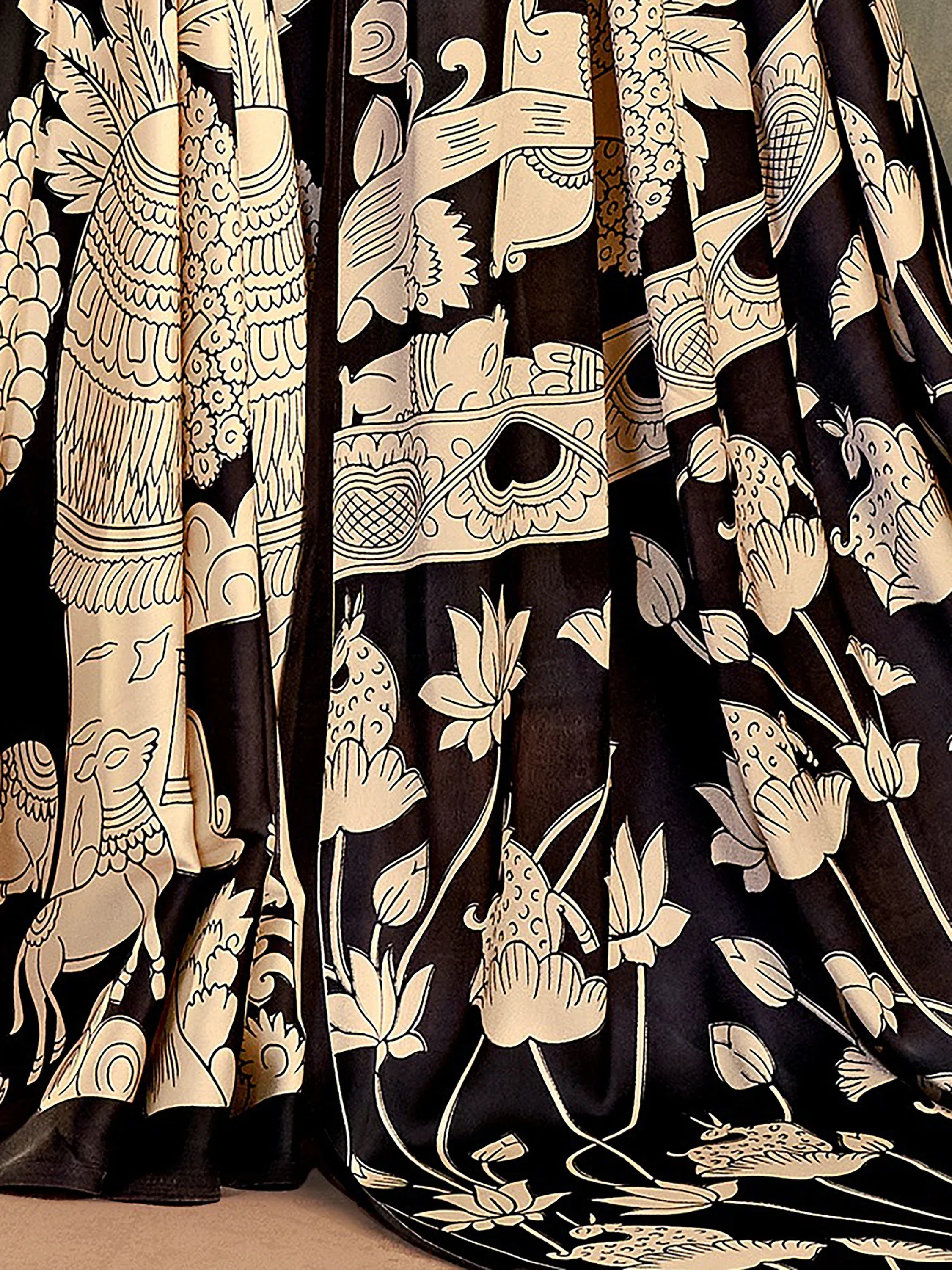 Marvelous Black Kalamkari Print Satin Festive Wear Saree With Blouse