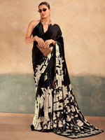 Marvelous Black Kalamkari Print Satin Festive Wear Saree With Blouse