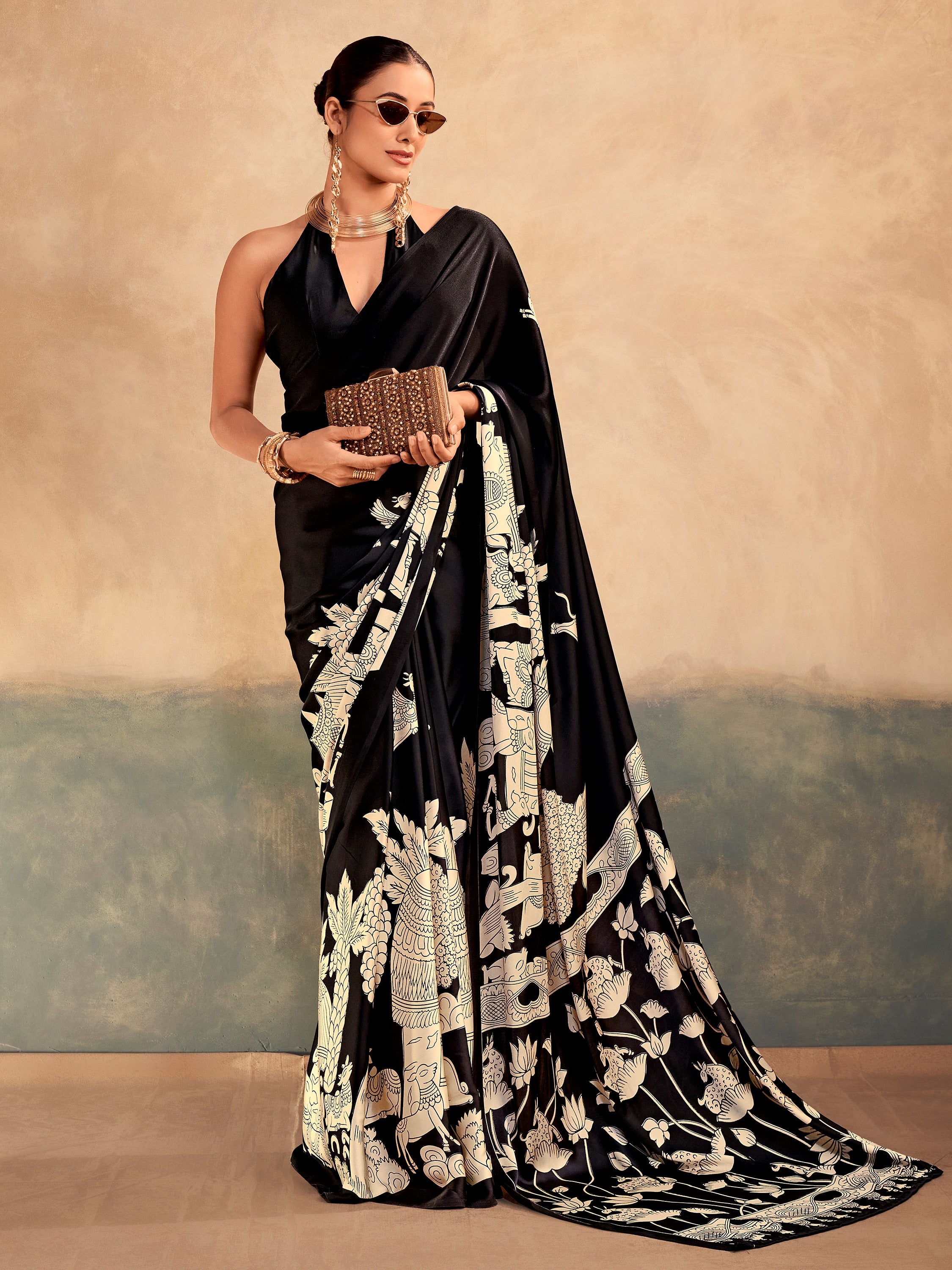 Marvelous Black Kalamkari Print Satin Festive Wear Saree With Blouse
