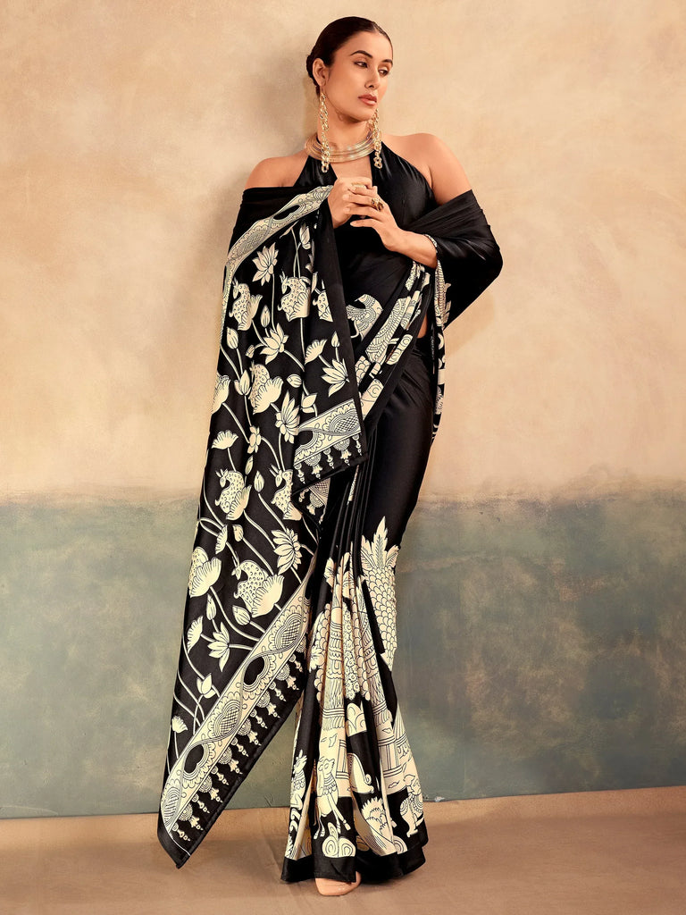Marvelous Black Kalamkari Print Satin Festive Wear Saree With Blouse