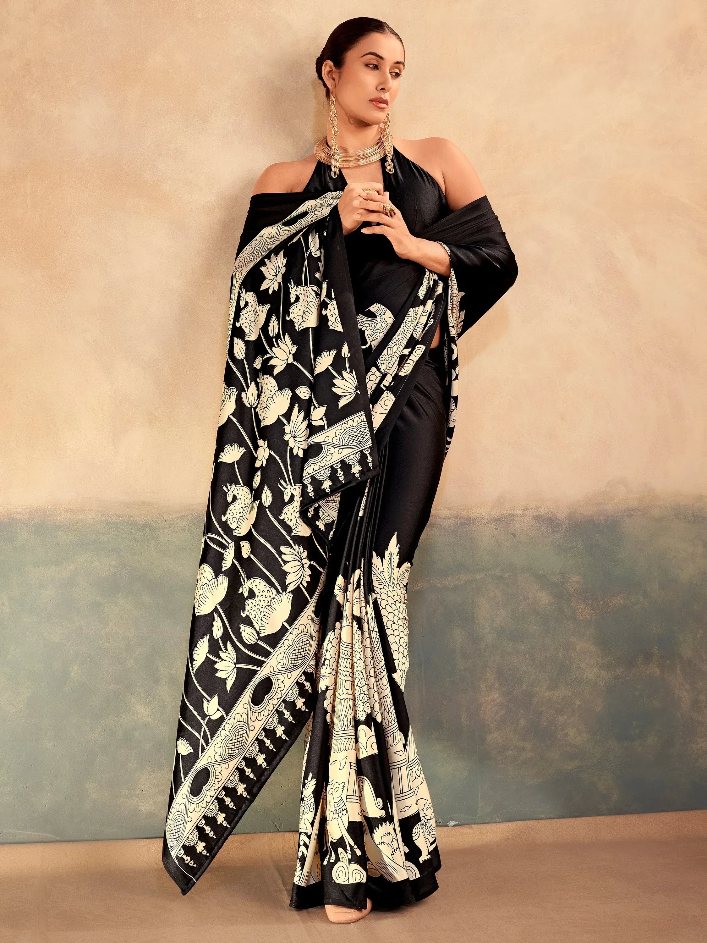 Marvelous Black Kalamkari Print Satin Festive Wear Saree With Blouse