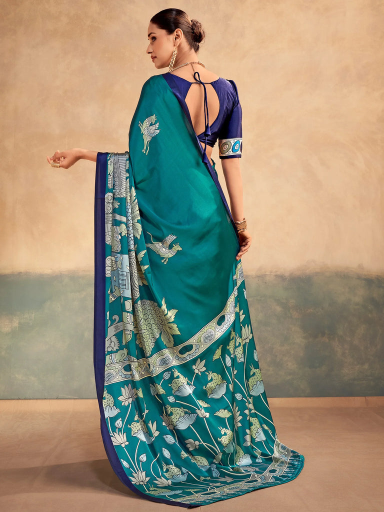 Lovely Teal Green Kalamkari Print Satin Traditional Saree With Blouse
