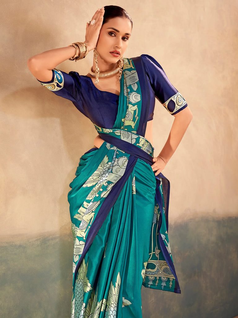 Lovely Teal Green Kalamkari Print Satin Traditional Saree With Blouse